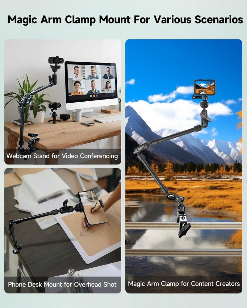 JEBUTU 22" Magic Arm w Clamp, Overhead Phone Mount, Desk Camera Mount w Articulating Friction Boom Arm Thread Adapter, for Phone Video Light Webcam Microphone Action Camera Content Creators - Image 2